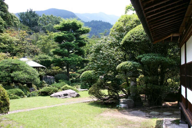 新座敷横の廊下から眺める庭園は格別！緑の豊かさに心和むひとときが過ごせる。